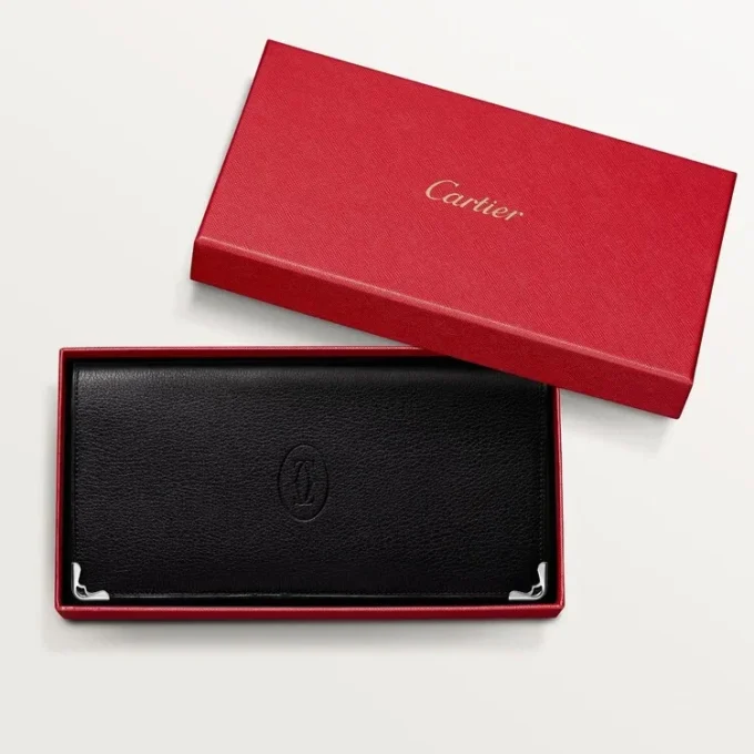 International Wallet with Gussets, Must De Cartier – Black Calfskin, Stainless Steel Finish – Cartier